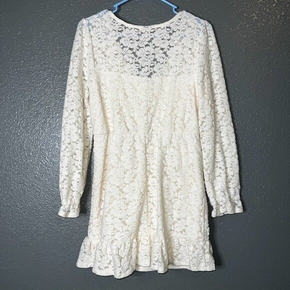 Wild Fable Ivory Lace Long Sleeve Mini Dress Medium Boho Ruffle Hem - Picture 3 of 9